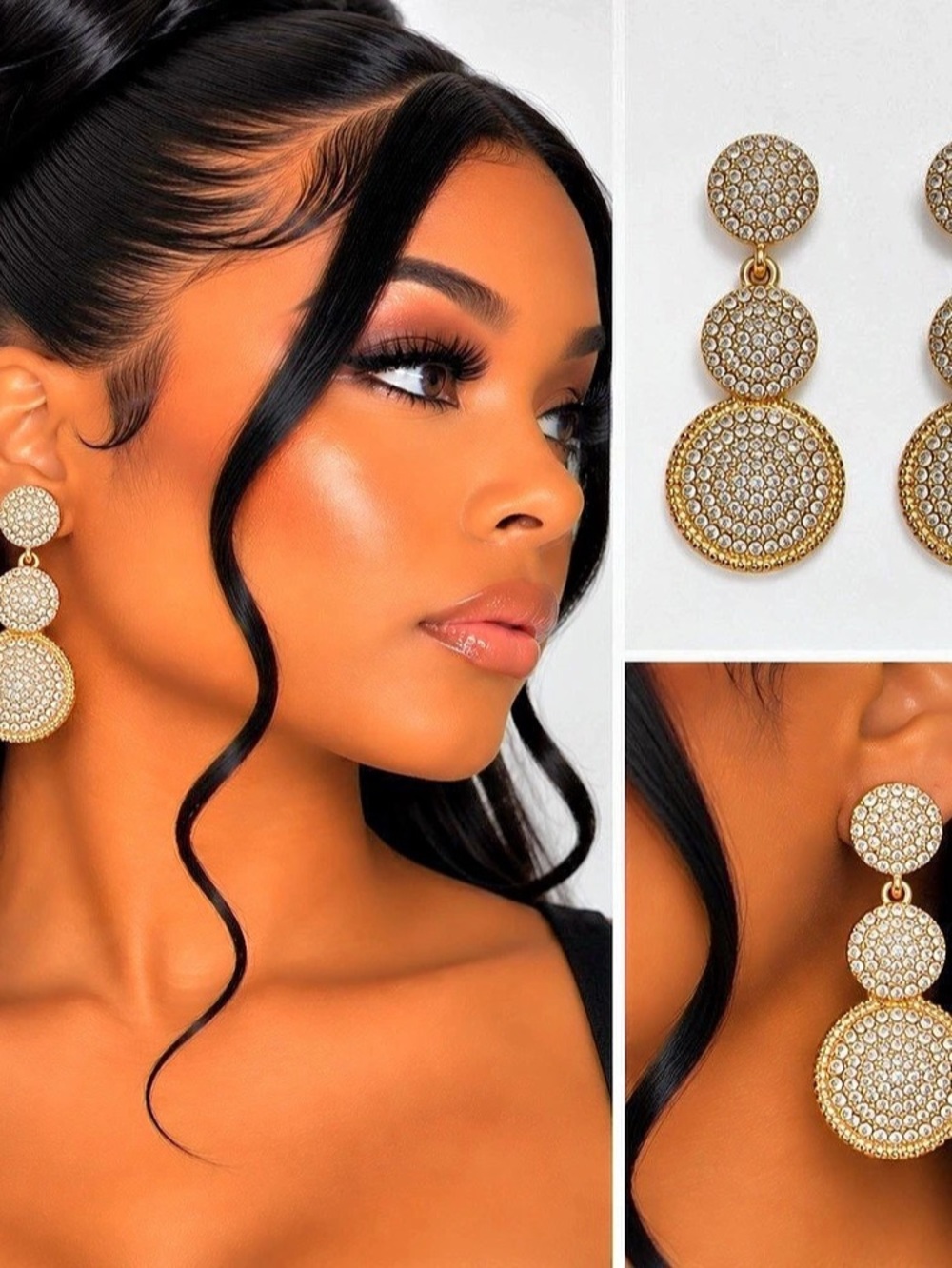 Crystal Three-Tier Drop Earrings Gold Like New